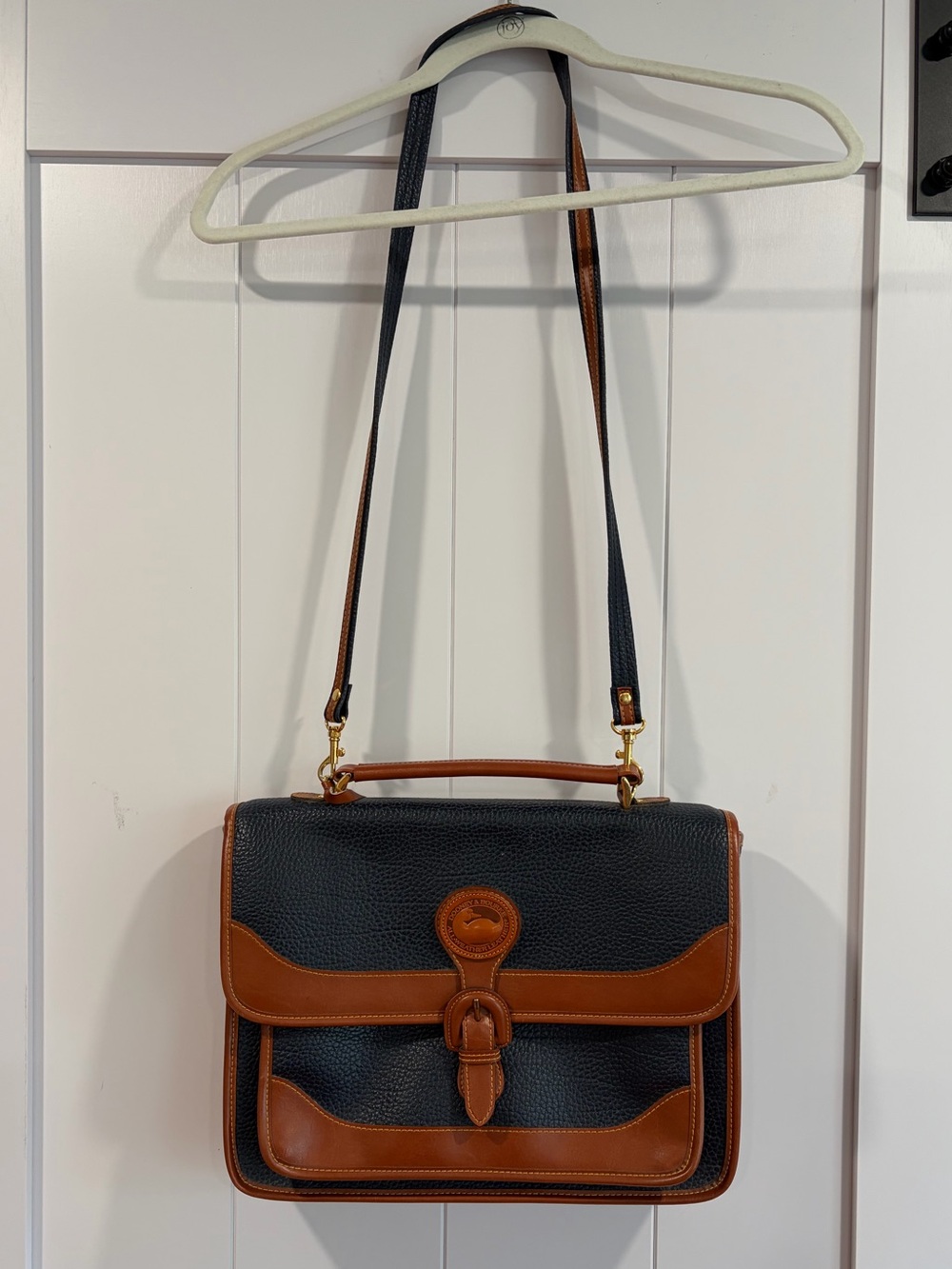 Vintage Dooney & Bourke Navy & Brown Pebbled Leather Crossbody Satchel